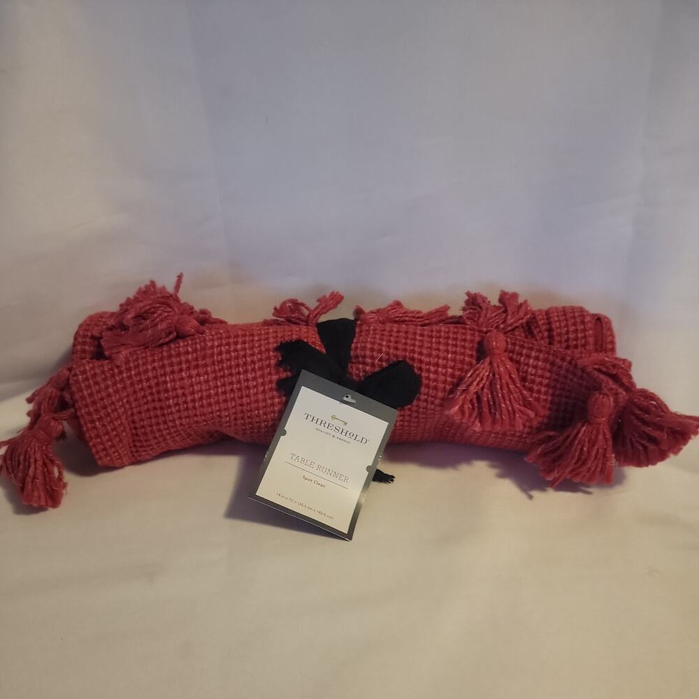 Threshold Table Runner 14x72" Knitted Front Cotton Back Red Fringed